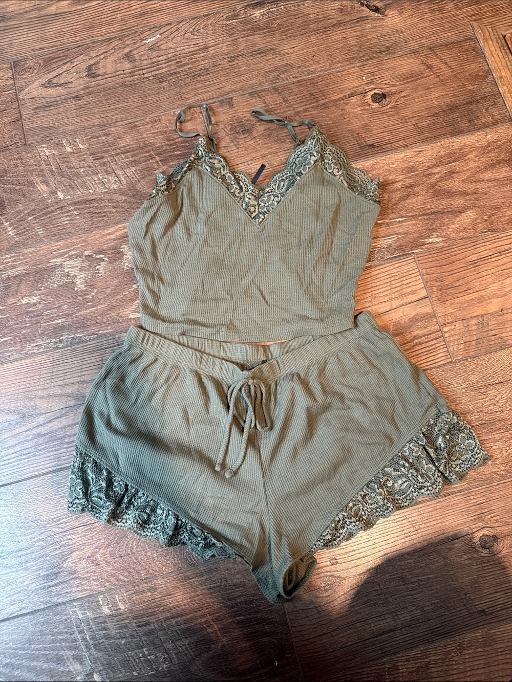 Fashion Nova Olive Lace-Trim Cami & Shorts Set
